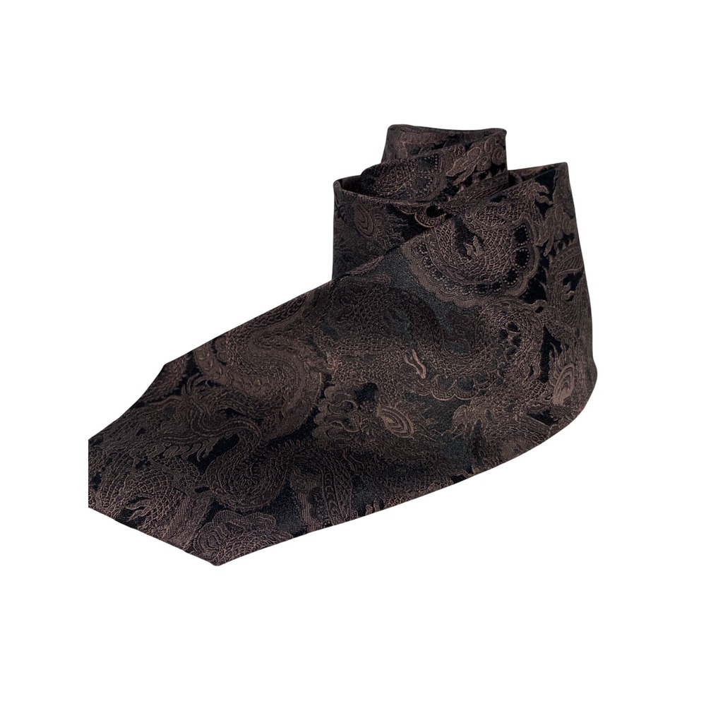J Ferrar Mens Bronze Black Dragon Jacquard Woven Silk Blend Necktie Wide 3.75"
